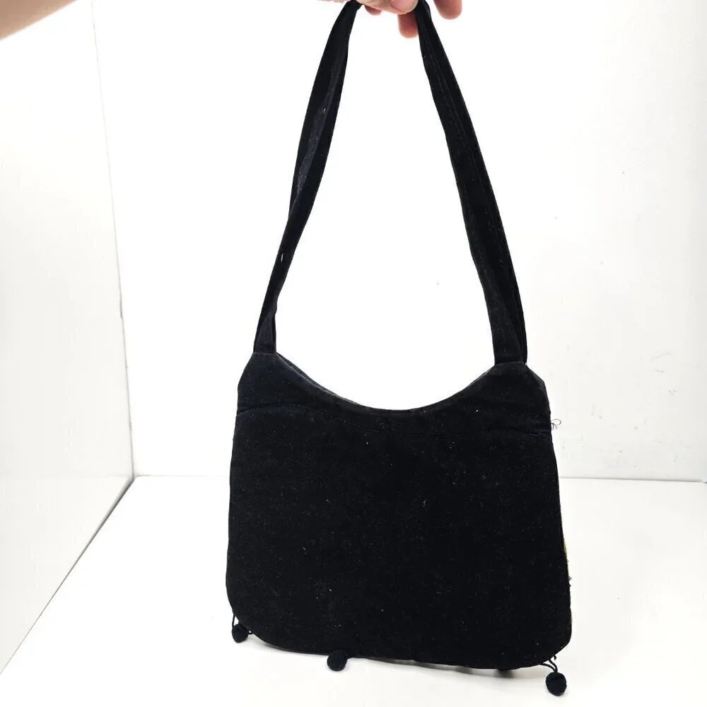 Vintage 90s Y2k Arcad Embellished Sequin Beaded Embroidered Black Shoulder Bag